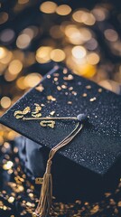 Abstract Marketing Background for Graduation Season: Featuring a Close-Up of a 2025 Graduation Cap Surrounded by Colorful Golden Confetti, Capturing the Festive Atmosphere of Graduation Celebrations a