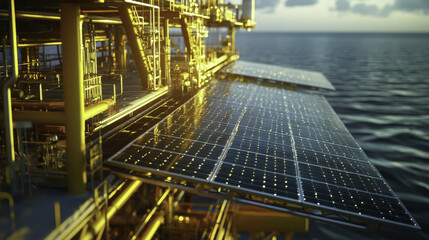 Fototapeta premium Oil Refinery off shore : Close up of solar panels on offshore platform reflecting sunlight