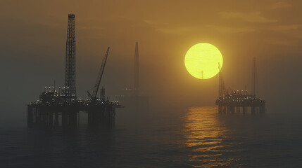 Obraz premium Oil Refinery off shore : Sunrise view of offshore oil rigs against golden sky