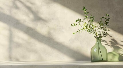 This mock up features a neutral sustainable natural brand product showcase template, a concrete texture wall with a podium stage in the background, a green glass vase with plants, and a neutral 
