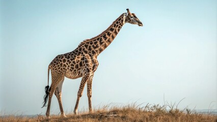 Fototapeta premium Giraffe standing tall with the distinctive spotted pattern, isolated on a transparent PNG background for design projects. 