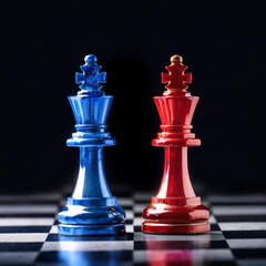 Political kings chess battle, rivalry. Close up red and blue chess figures on checkerboard pattern