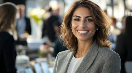 Portrait of a smiling woman wearing a gray blazer in a professional setting