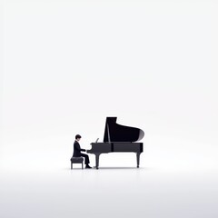 A solitary musician playing a grand piano in a minimalistic space.