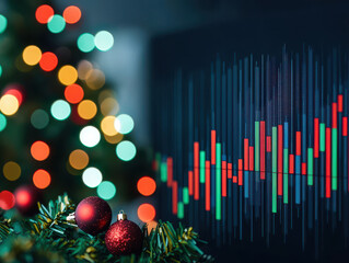 End of year sales graph with Christmas decorations, showcasing festive colors and financial trends. blend of holiday spirit and market analysis