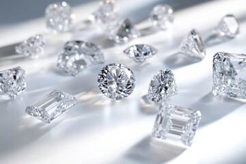 variety of ethical lab grown diamonds in different cuts and sizes, arranged on a sleek, modern surface of blue velvet , showcasing their versatility, minimal royal gray background with copy space