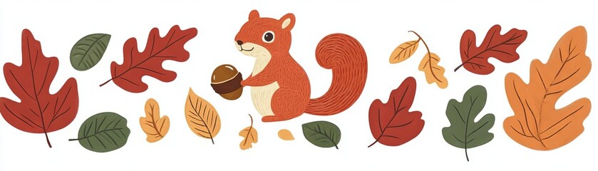 Squirrel with autumn leaves, white isolate background