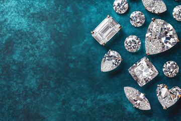 variety of ethical lab grown diamonds in different cuts and sizes, arranged on a sleek, modern surface of blue velvet , showcasing their versatility, minimal royal blue background with copy space