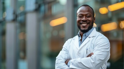 Obraz premium Joyful African American healthcare worker in lab coat smiling outside hospital.
