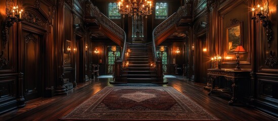 A grand staircase in a dark and mysterious mansion with a chandelier and a Persian rug.