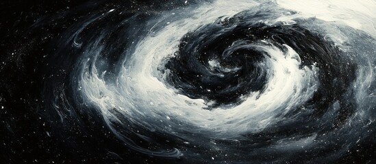 Abstract swirling black and white texture with a galaxy-like background.