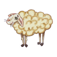 Funny naive sheep. Color illustration of beige sheep. Cartoon character for creating a postcard, sticker. Printing on a cup or T-shirt. Meme with a sheep. Children's drawing of animals from the farm