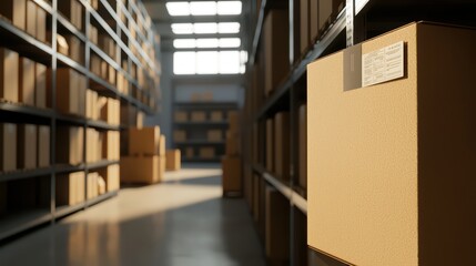 A well-organized warehouse filled with cardboard boxes.
