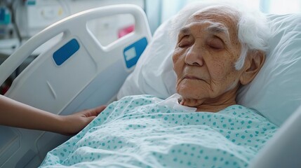 Obraz premium Elderly patient resting in a hospital bed, family member by their side, elderly care, family support