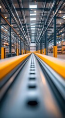 Fototapeta premium A long conveyor belt in a warehouse, made of steel and yellow metal bars, with a gray grid surface. In the background are modern storage equipment for products such as car parts or electronic devices.
