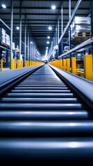 A long conveyor belt in a warehouse, made of steel and yellow metal bars, with a gray grid surface. In the background are modern storage equipment for products such as car parts or electronic devices.