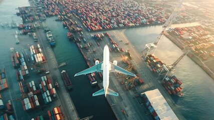 Top view of airplane flying above container port, Business and transportation
- Powered by Adobe