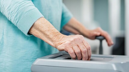 Fototapeta premium Elderly patient undergoing physical therapy, using equipment with guidance, rehabilitation, support