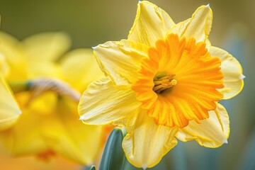 Macro shot of a yellow daffodil in bloom, showcasing its trumpet-shaped corona and delicate fringed petals.