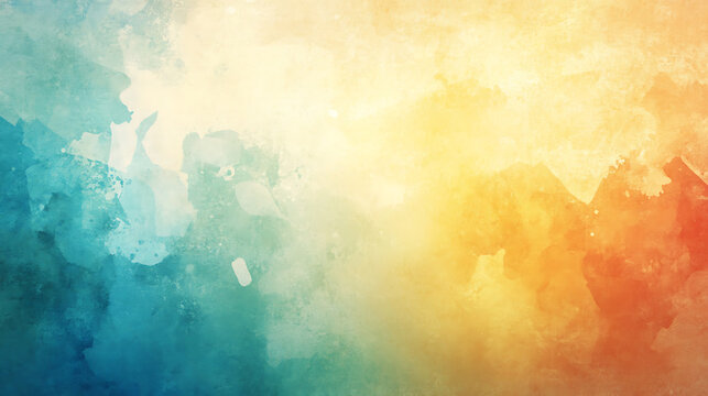 Colorful watercolor background of abstract sunset sky with paint blotches and soft blurred texture in blue green yellow beige and orange gradient background.
