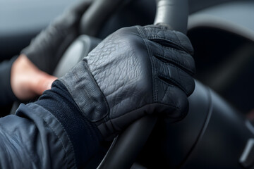 Fototapeta premium A close-up of a driver's gloves gripping the steering wheel during a race, emphasizing focus and control. A driver's hands in action.