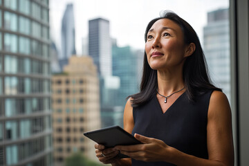 Fototapeta premium Elegant Asian Woman in a Modern Urban Environment, Using a Tablet with Confidence and Professionalism, Embracing Technology in the Workplace