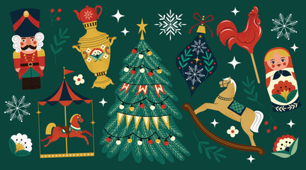 Set with vintage Russian or Slavic Christmas and New Year elements, like samovar, nutcracker, matryoshka doll. Hand drawn isolated vector illustration