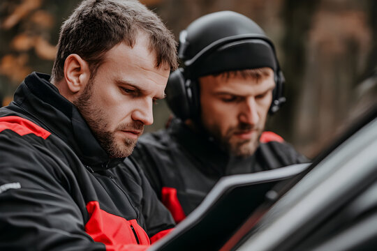 A rally driver and co-driver reviewing notes before a race, highlighting teamwork in motorsport. A driver and co-driver in the car.


