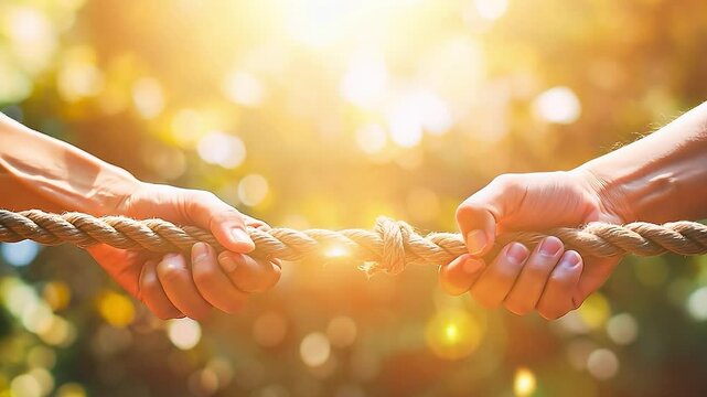 Close up hands conflict tug of war business combative rope fighting determination	
