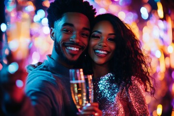 interracial couple dancing and cheering with champagne at new year party with glitter makeup neon lights