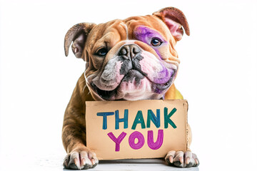 a playful bulldog with colorful markings holding a thank you sign in its mouth against a white background expressing gratitude  
