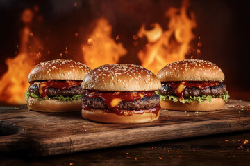 Delicious burgers with sesame seed buns, barbecue sauce, and fresh lettuce, set against fiery background, creating appetizing and exciting atmosphere