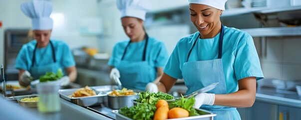 Hospital kitchen staff preparing nutritious meals, focus on healthy options, nutrition, hospital care
