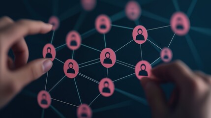 Hands interacting with a digital network of people symbols on a dark background, representing connection and communication.