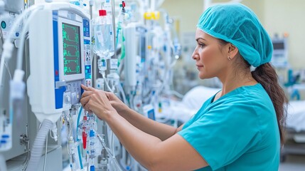 Hospital technician adjusting settings on a dialysis machine, critical care, equipment