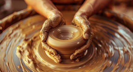 Fototapeta premium Hands On The Wheel. Potter Shaping Clay on Pottery Wheel - Craft and Art of Ceramics