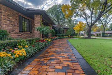 Fototapeta premium Beautiful Brick House with Colorful Garden and Brick Pathway - Elegant Residential Landscaping Stock Image