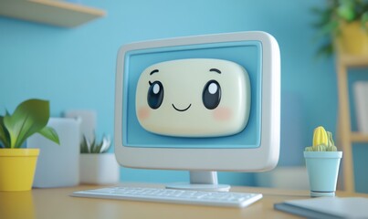 3D cartoon computer monitor with a cute, smiling face on the screen, tech and friendly