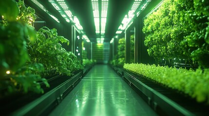 A long, narrow corridor in a futuristic indoor hydroponic farm, with rows of leafy green plants growing under bright LED lights.