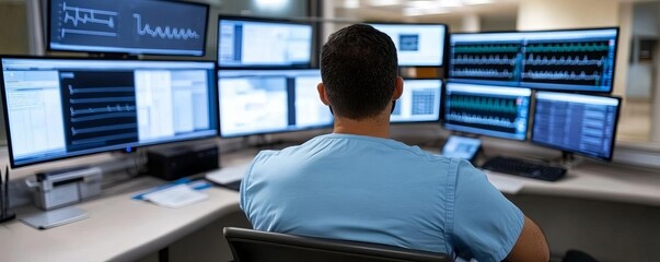 Modern nurse station with multiple monitors, staff working efficiently, organization, healthcare team