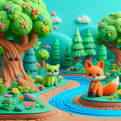 Naklejka premium 3D render of a lush forest with big, cartoonish trees. 3D digital illustration. cartoon style.