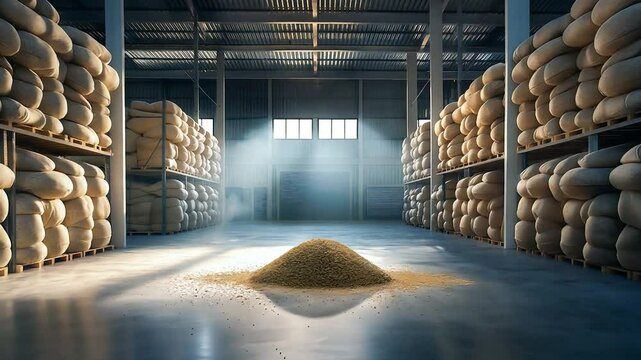 Modern warehouse with bags of corn or rice in storage facility	
