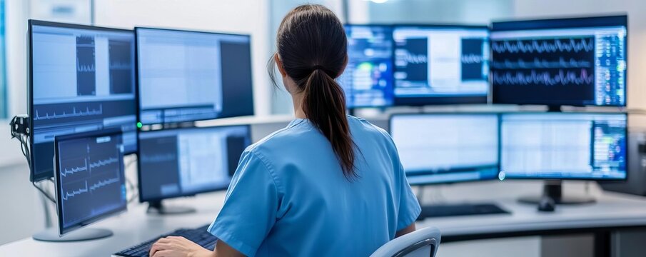 Modern nurse station with multiple monitors, staff working efficiently, organization, healthcare team