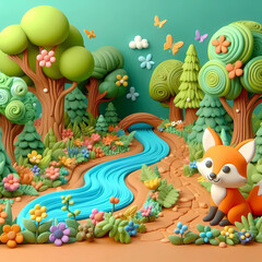 3D render of a lush forest with big, cartoonish trees. 3D digital illustration. cartoon style.