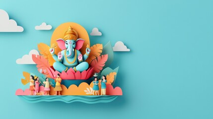 Colorful depiction of Ganesha surrounded by joyful devotees.
