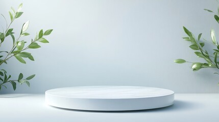 A white pedestal with a leafy plant on either side