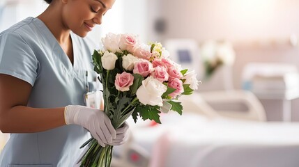 Nurse arranging flowers in a patient s room, personal touch, comfort, care