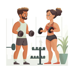 Man and woman doing exercises with dumbbells. Vector illustration in cartoon style..eps