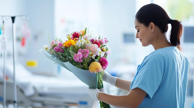 Nurse arranging flowers in a patient s room, personal touch, comfort, care