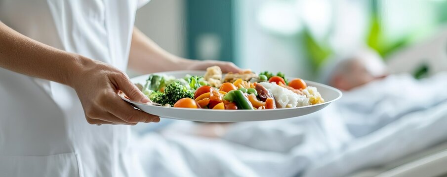Nurse bringing a meal tray to a patient s bedside, focus on nutritious food, patient care, hospital food